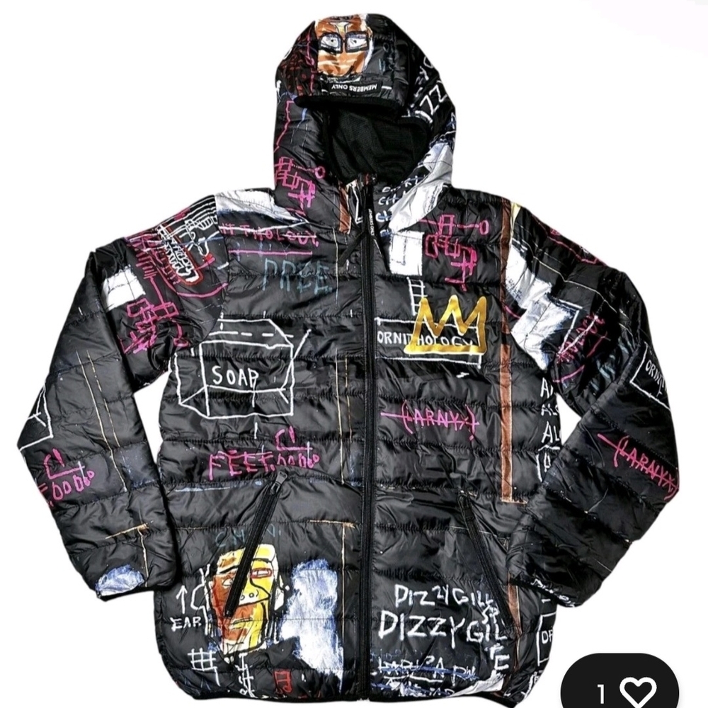 Jean Michel Basquiat Members Only Puffer Hoodie Black Graffiti Jacket XXL *NWT*